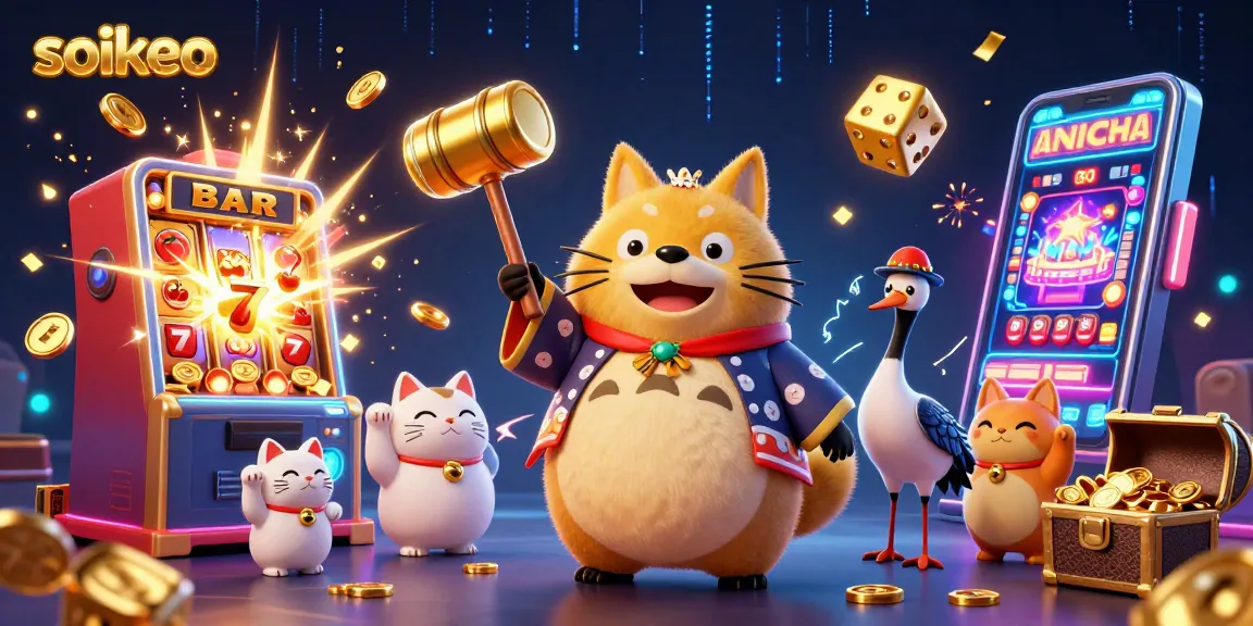 Spin the reels with soikeo's winning strategies, showcasing a lucky tanuki and dynamic casino elements.