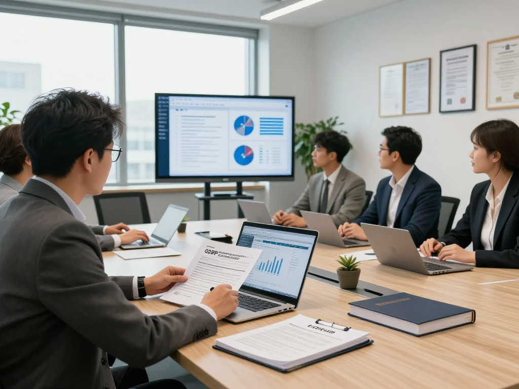 Wissen / Blog-Hub: Business professionals collaborating on GDPR compliance strategies in a modern office.