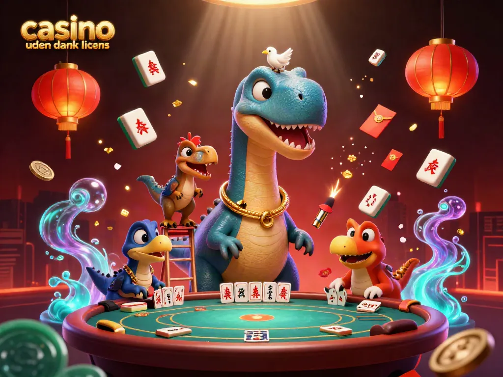 Experience the thrill of casino uden dansk licens with a 3D brontosaurus and raptor dealing cards at a poker table.