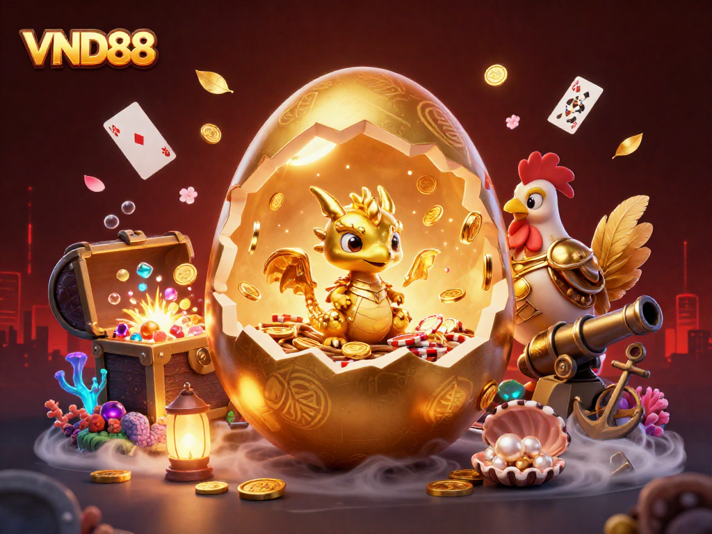 Engage with VND88 as a golden baby dragon emerges amidst vibrant casino elements.