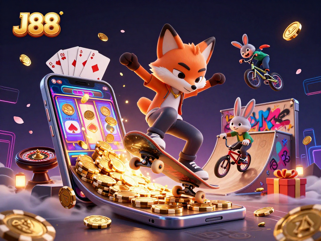Experience thrilling action with J88 as a fox skateboarder jumps over poker chips.