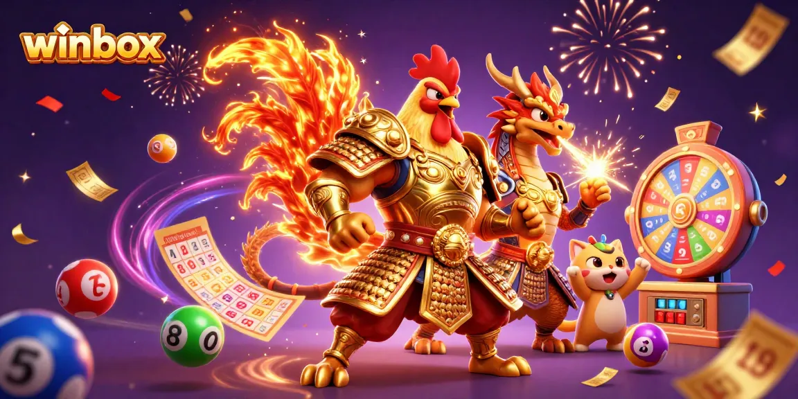 Winbox offers thrilling gaming with vibrant lottery balls, a fierce dragon, and a warrior in an enchanting casino scene.
