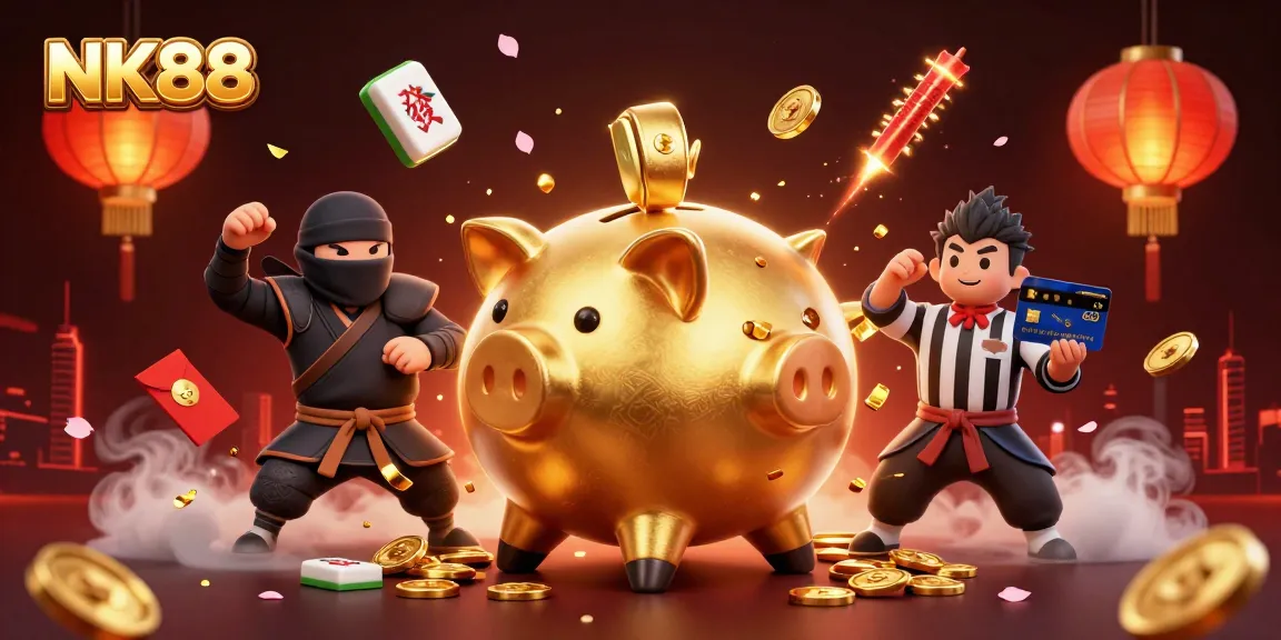 Experience thrilling gaming with NK88, featuring a vibrant 3D scene with characters and casino elements.