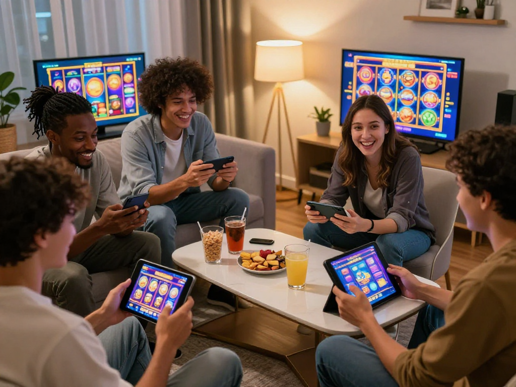 Engaged players enjoying slot gacor games in a cozy living room setting.