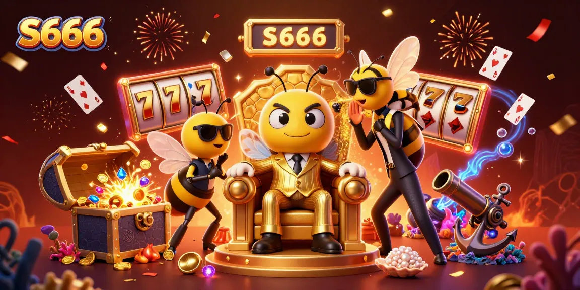 S666 casino scene showcasing a 3D mob boss and characters with slots and spins