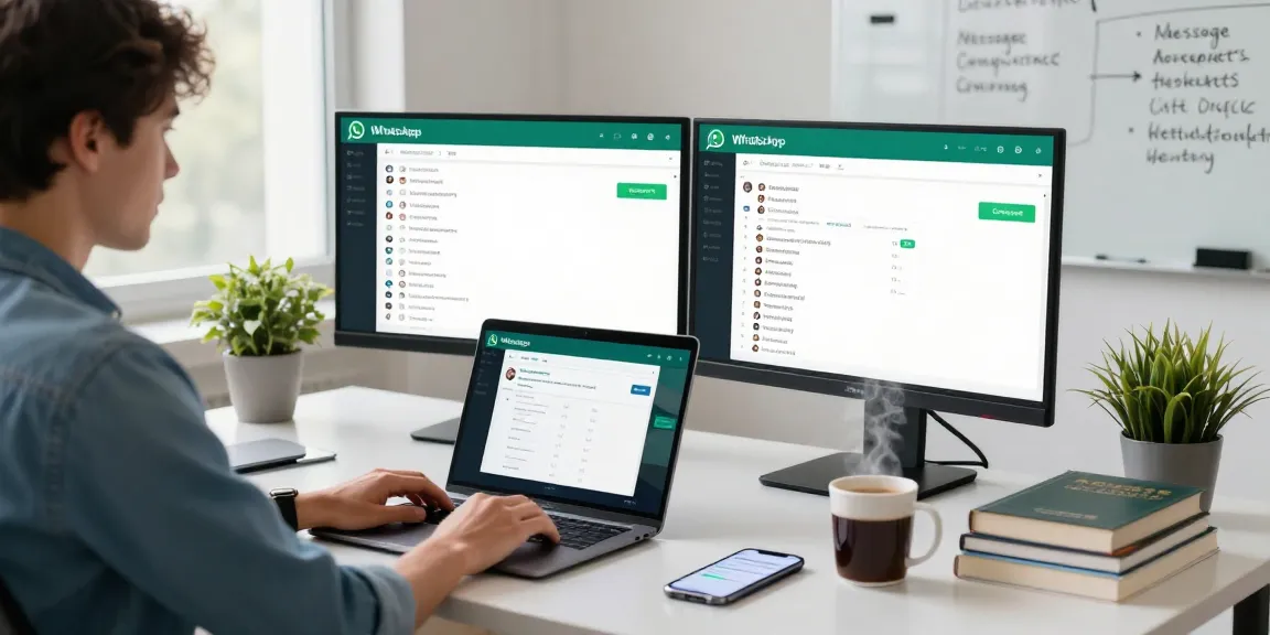 Individual using WhatsApp網頁版 on a laptop in a modern office environment
