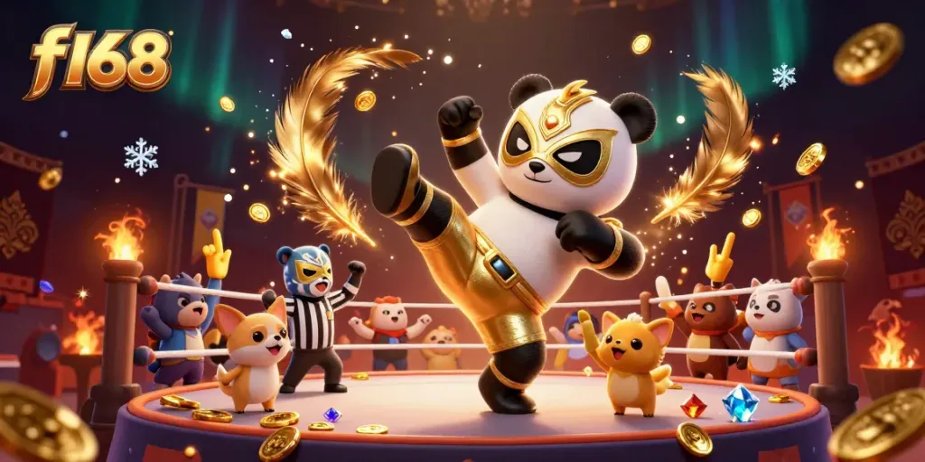 Experience dynamic sports action in f168's vibrant wrestling-themed casino illustration with roaring fans and gold coins.