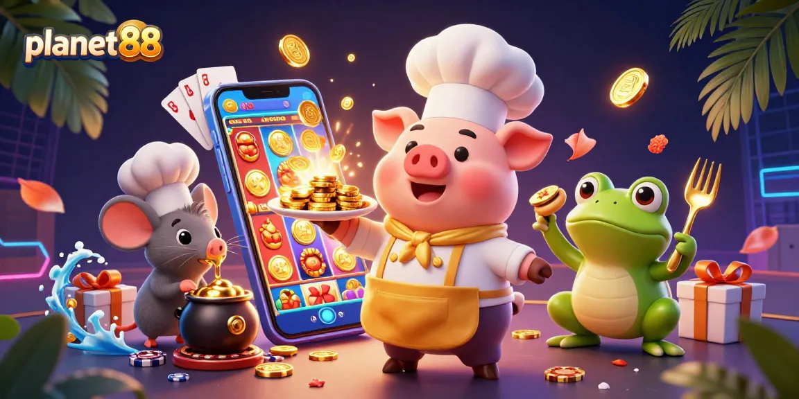 Experience the thrill of wins with planet88, featuring lively characters serving gold coins amidst vibrant slot games.