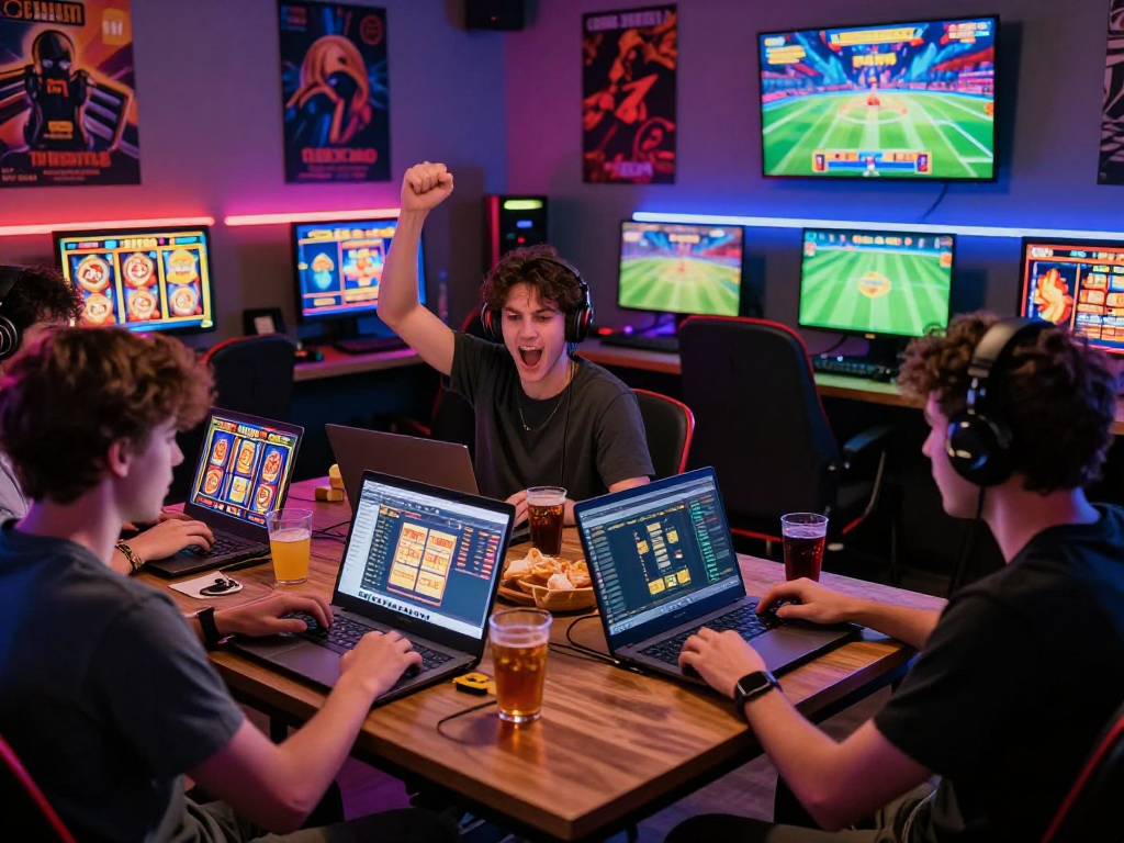 Exciting gaming session with friends at home, featuring raja 328 online games on multiple screens and vibrant atmosphere.