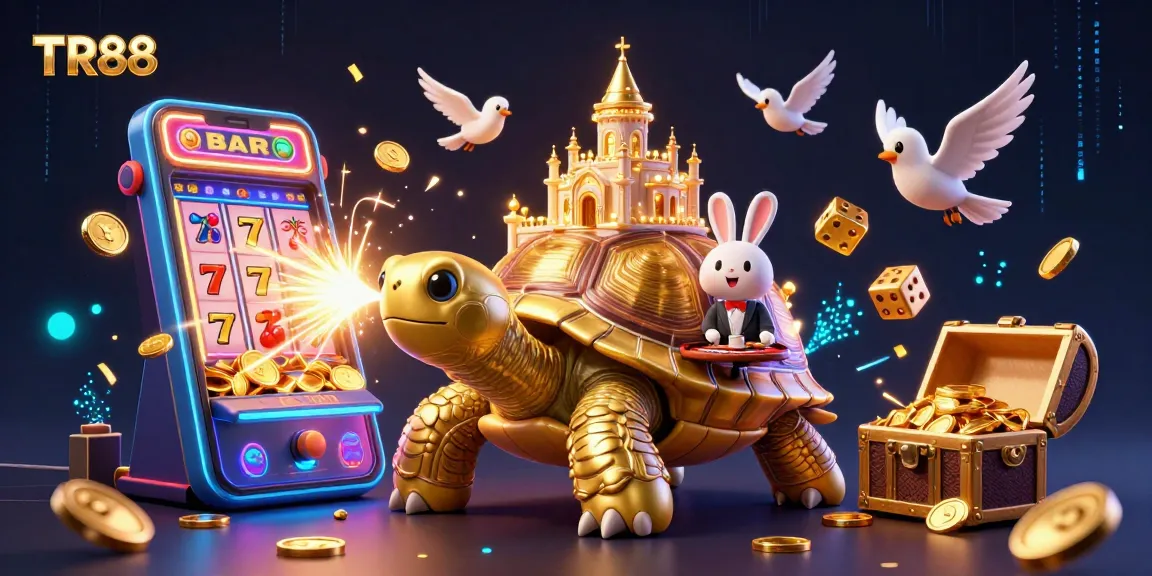 Experience the exciting world of TR88 with a vibrant casino scene featuring a golden tortoise, energetic dealer, and flying coins.