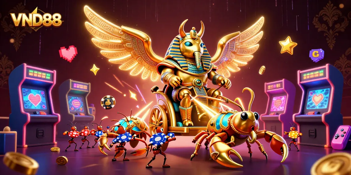 Experience VND88's vibrant casino atmosphere with unique gaming elements and characters in a dynamic digital illustration.