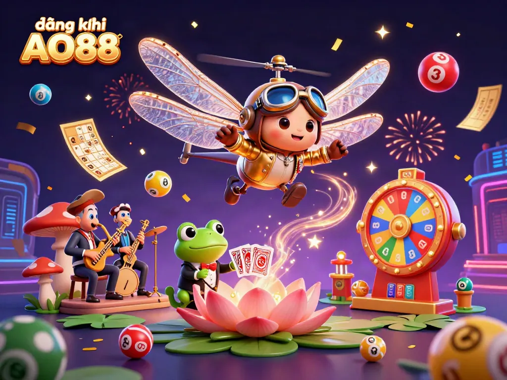 Experience the thrill of đăng ký AO88 as vibrant lottery balls and a friendly croupier enchant players at a lily pad casino.