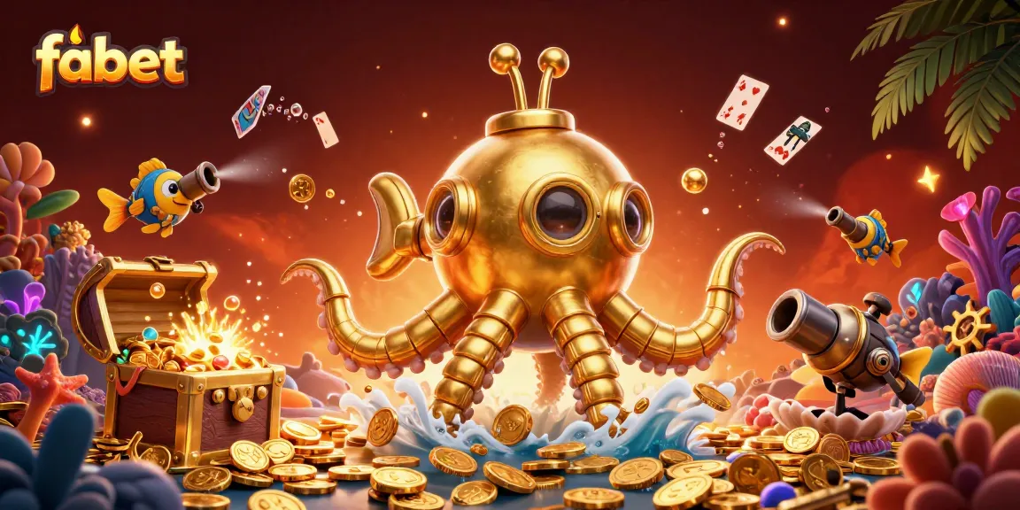 Immerse in the fabet adventure of golden coins and mechanical fish in this dazzling casino scene.