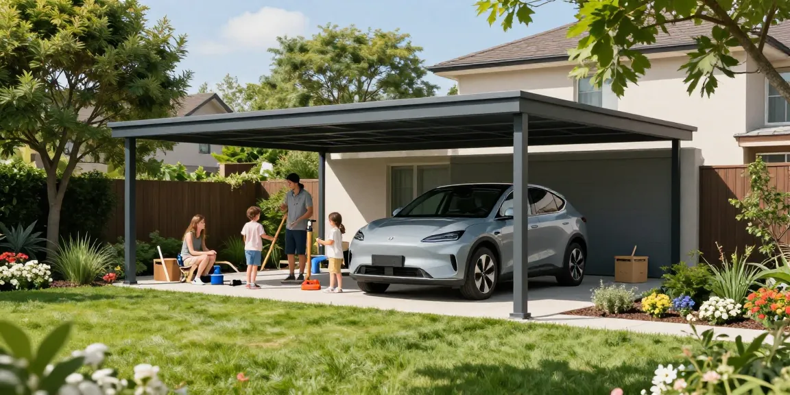 Moderne Carport-Struktur im Garten mit elektrischem Fahrzeug darunter, ideal für Fahrzeugschutz.