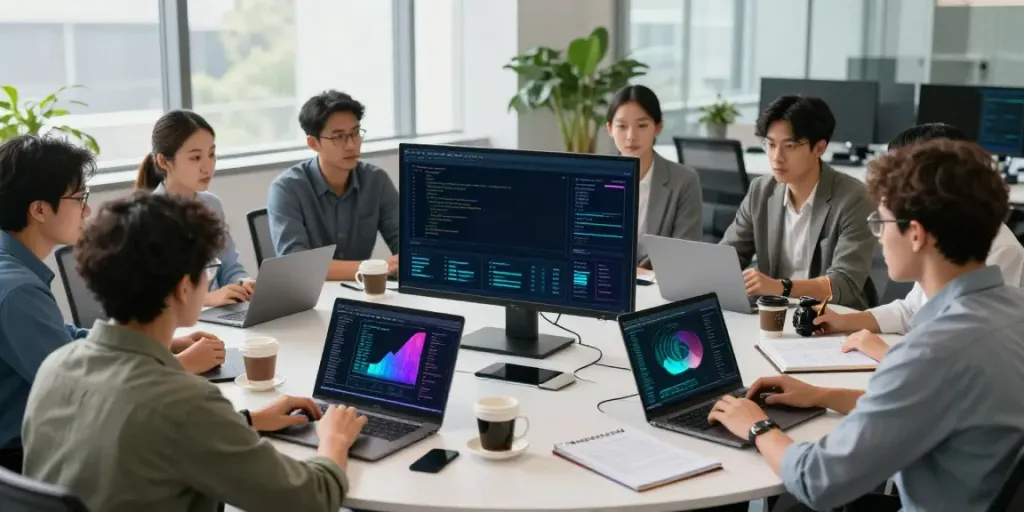 Collaborative team analyzing data visualizations for Enterprise AI development