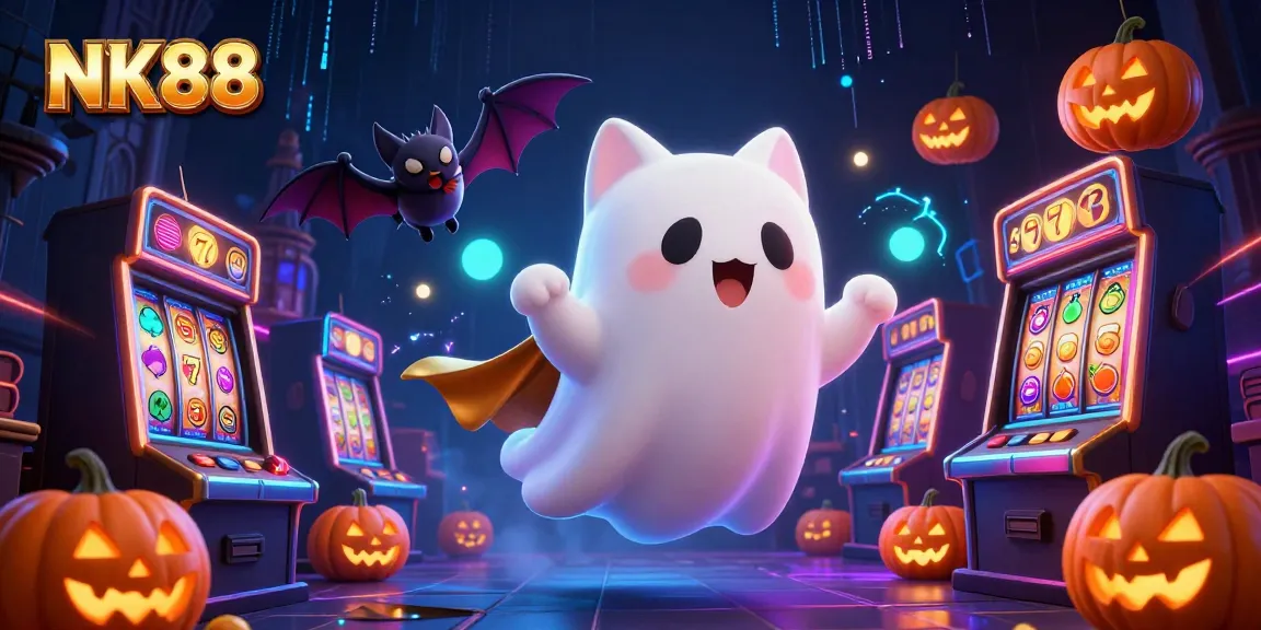 Experience the thrill of NK88 casino with a ghost cat and vibrant slot machines.