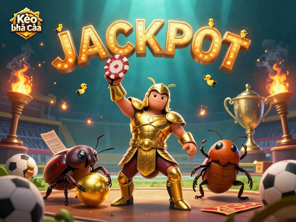 Kèo nhà cái sports betting illustration shows a beetle champion celebrating victory with gambling elements and sports themes.