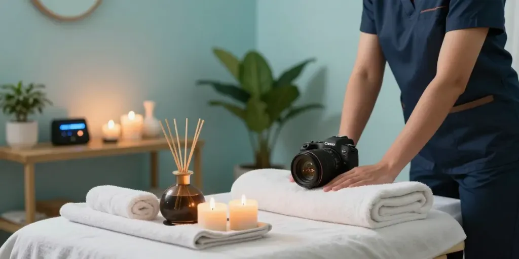 Serene treatment room setup for 성남출장마사지 with calming colors and soothing elements.