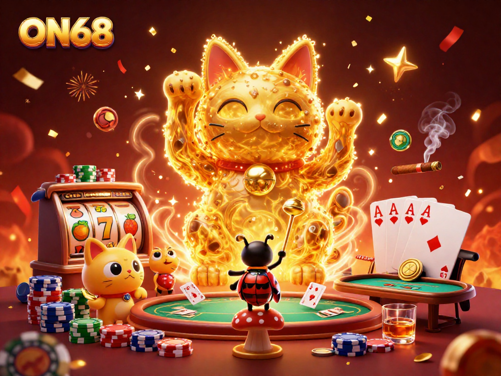 Experience the thrilling world of ON68 with a lucky cat scene filled with slot reels and vibrant casino elements.
