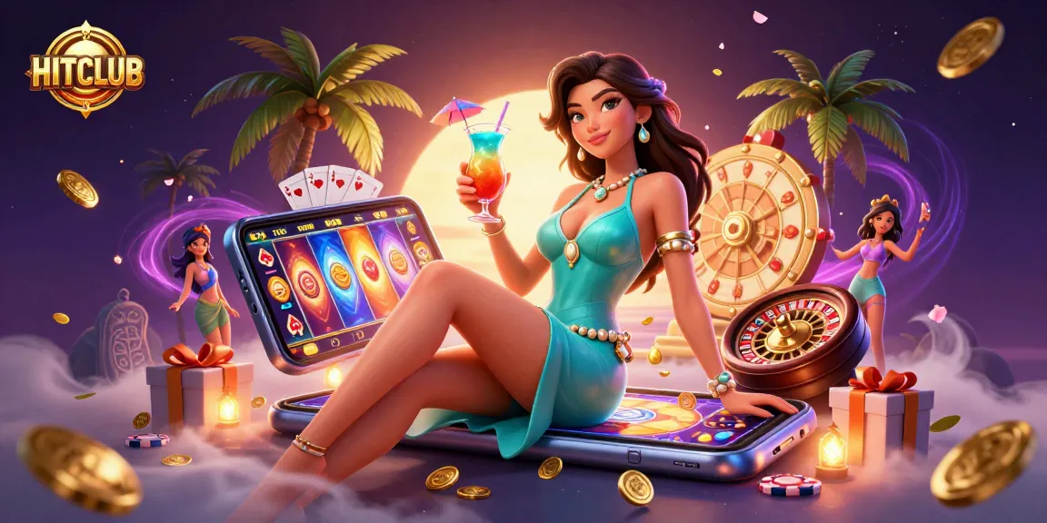 Engage in HITCLUB's vibrant online gaming with an Asian beauty enjoying a cocktail amidst dynamic casino elements.