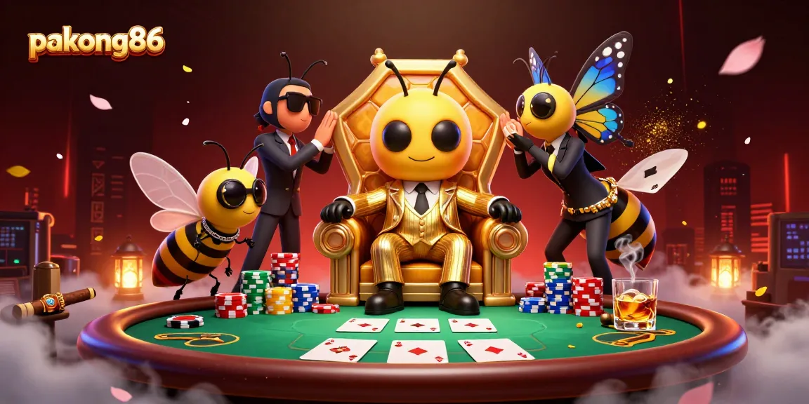 pakong86 showcases an exciting poker scene featuring a bumblebee mob boss, wasp bodyguards, and a butterfly informant.