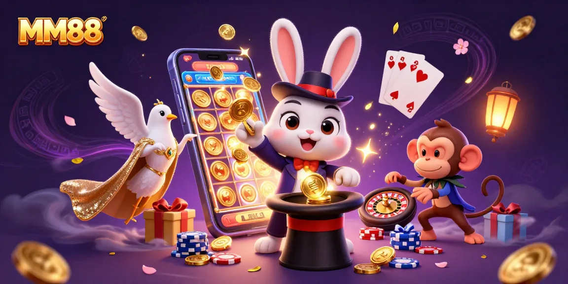 Win big with MM88: A colorful scene of a magician rabbit, dove, and monkey in a dynamic casino setting.