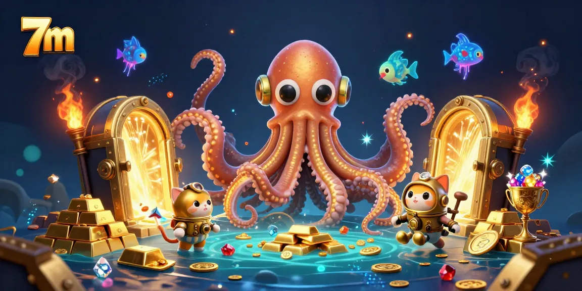 Engage with 7m casino adventures featuring a kraken, diving cat, and treasure in a vibrant scene.