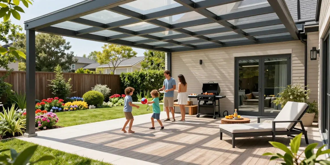 Moderne Terrassenüberdachung mit einer Familie im Garten, die einen sonnigen Tag genießt.