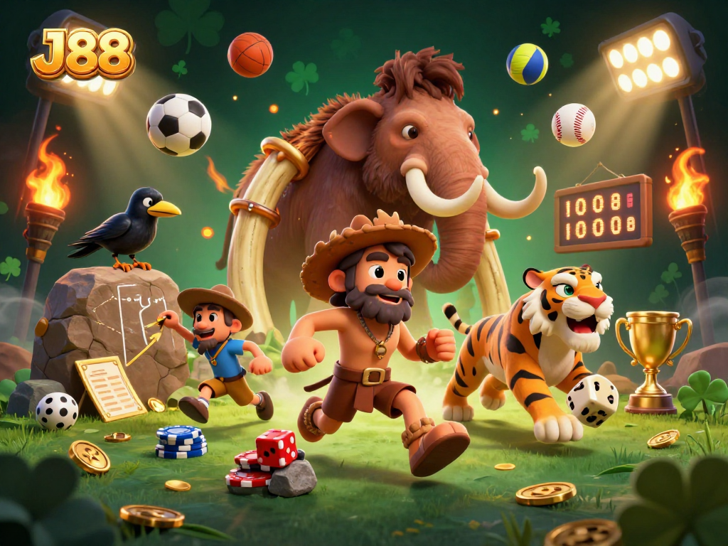 Engage with J88's dynamic gaming experience through this vibrant 3D cartoon illustration featuring classic casino elements.