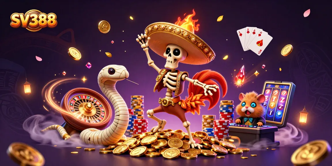 Experience thrilling cockfighting with SV388 as adorable characters celebrate wins amidst golden coins and casino elements.