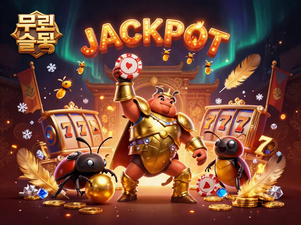 Experience the thrilling 무료슬롯 action with vibrant characters and bonus symbols surrounding a victorious hercules beetle.