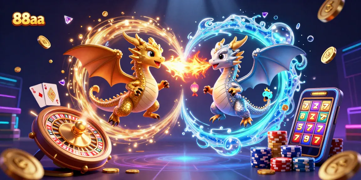 88aa dragons battling in a colorful casino scene filled with coins and cards for a thrilling gaming experience.