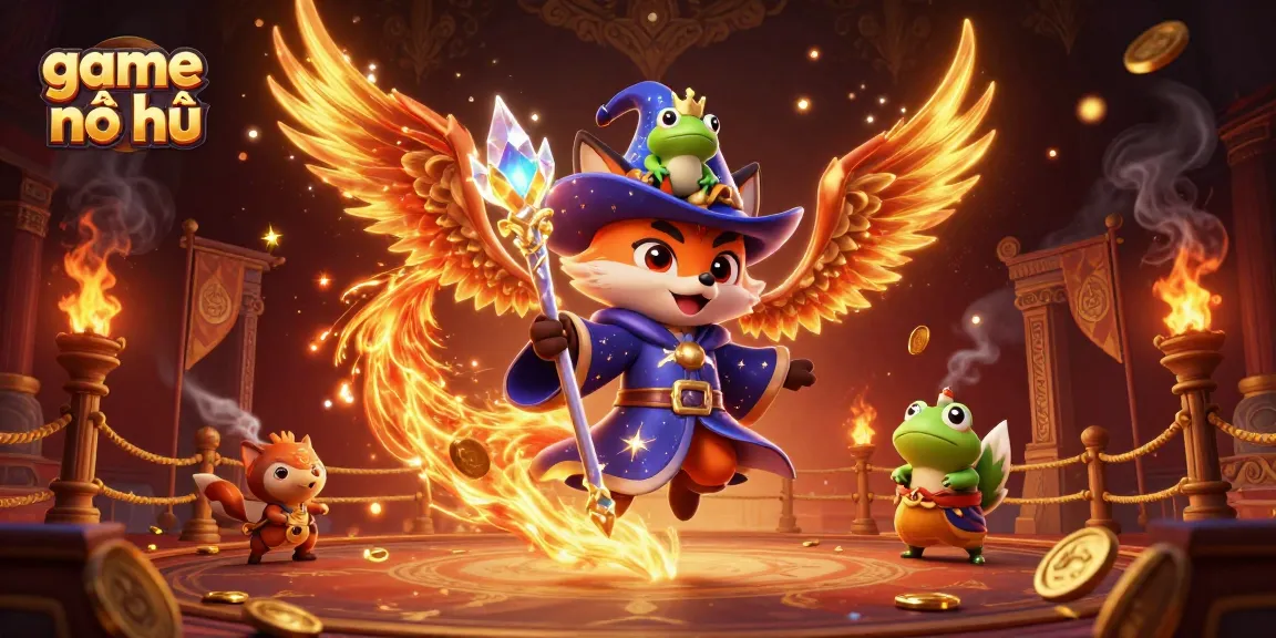 Experience game nổ hũ in a vibrant scene with a mystical wizard, phoenix, and enchanted elements.