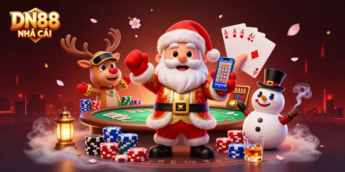 Spin jackpots with DN88 NHÀ CÁI featuring a festive Santa and casino elements in 3D.