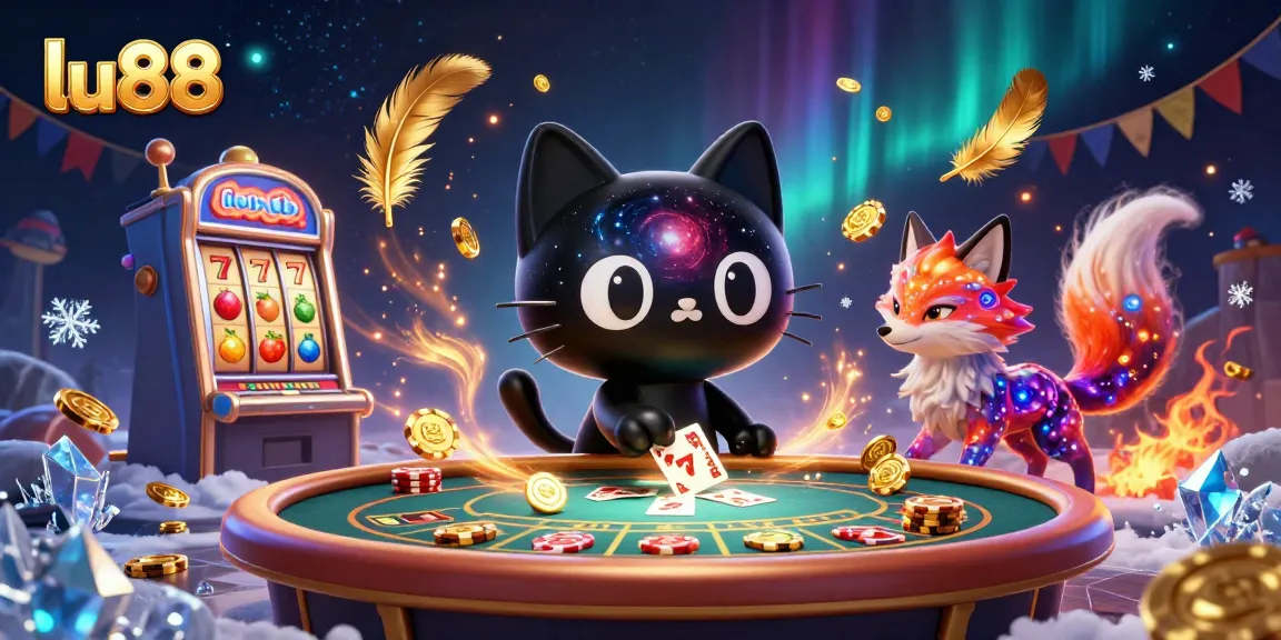 Engage with lu88 as the cosmic cat draws in golden betting tokens in this vibrant casino scene.