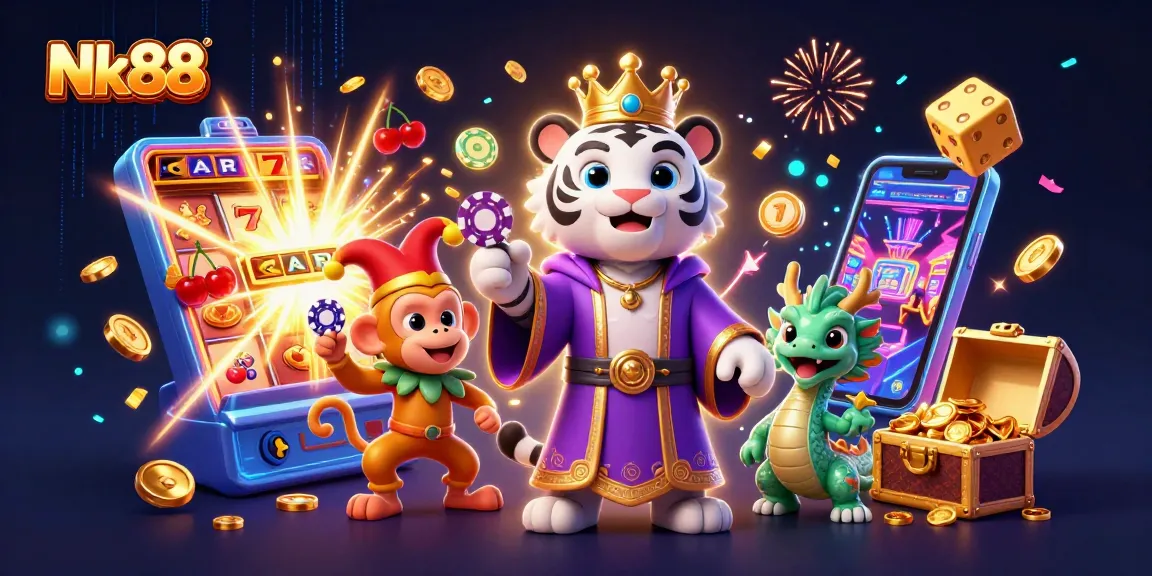 Engage in thrilling gameplay with Nk88's dynamic slot machine scene featuring vibrant characters!