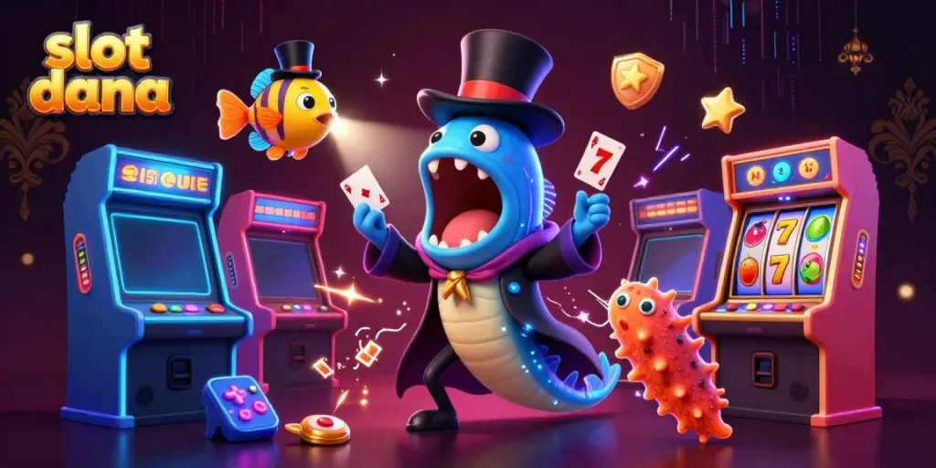 Menggali dunia slot dana dengan ilustrasi 3D dramatis dan karakter unik di kasino virtual.