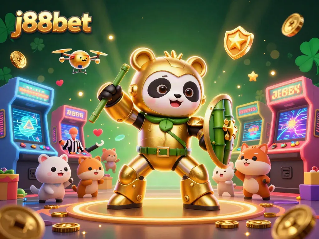 Experience j88bet excitement in this dynamic casino-themed 3D illustration featuring a mech-suit panda and vibrant game elements.