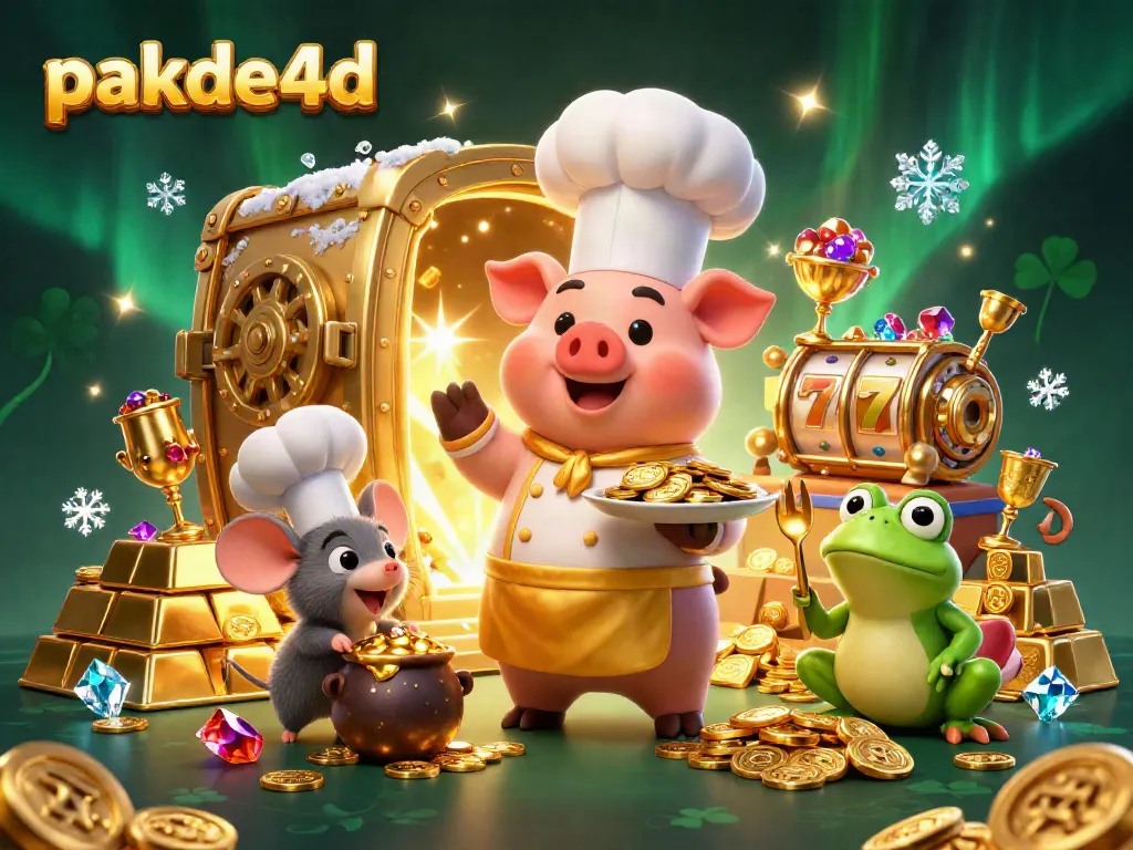 Engage with pakde4d's vibrant 3D illustration featuring a chef pig serving gold coins amidst a gleaming casino backdrop.