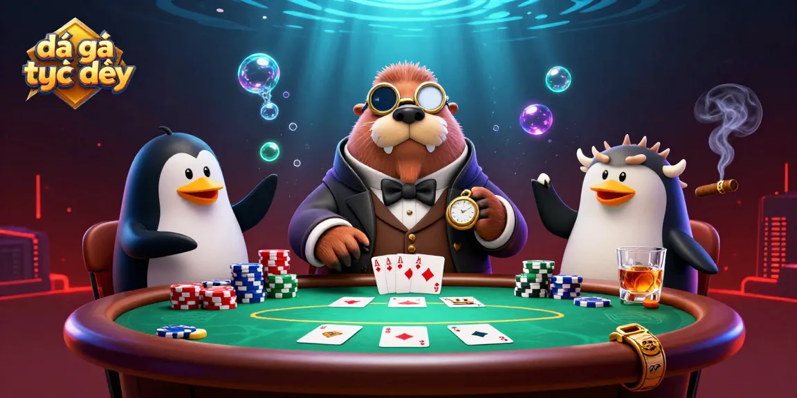 Engage in đá gà trực tiếp at an underwater poker scene featuring hilarious walrus, sophisticated penguin dealer, and a confident pufferfish.
