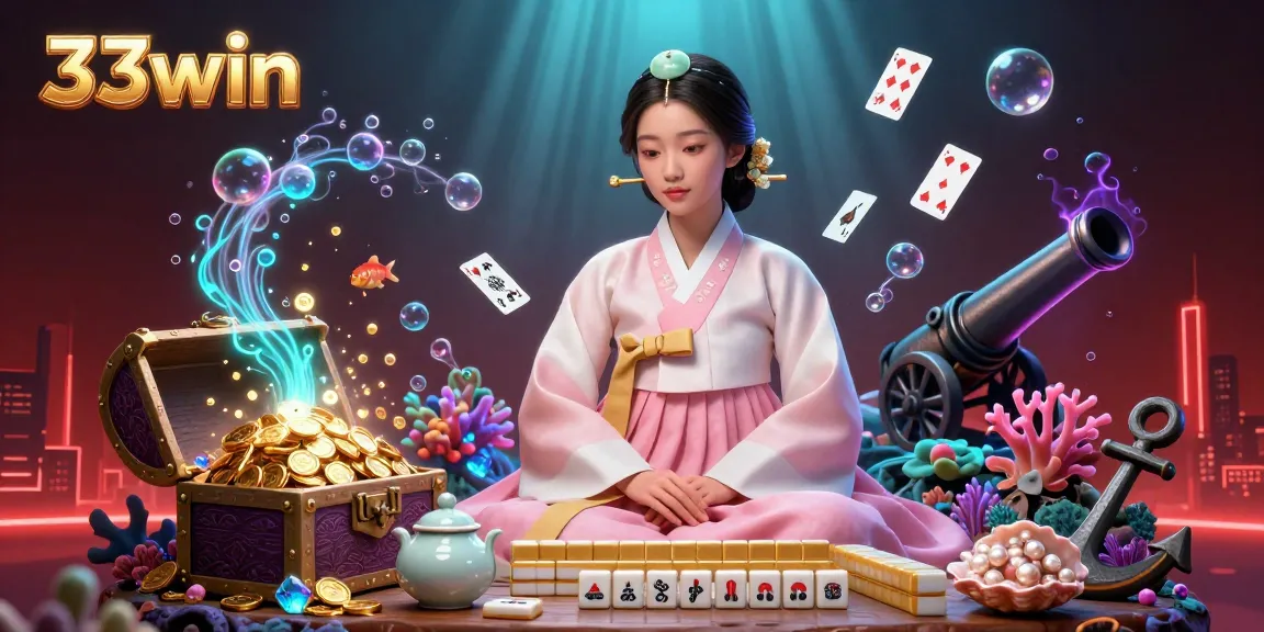 Experience thrilling 33win gaming with a serene character featuring mahjong, gold coins, and vibrant casino elements.
