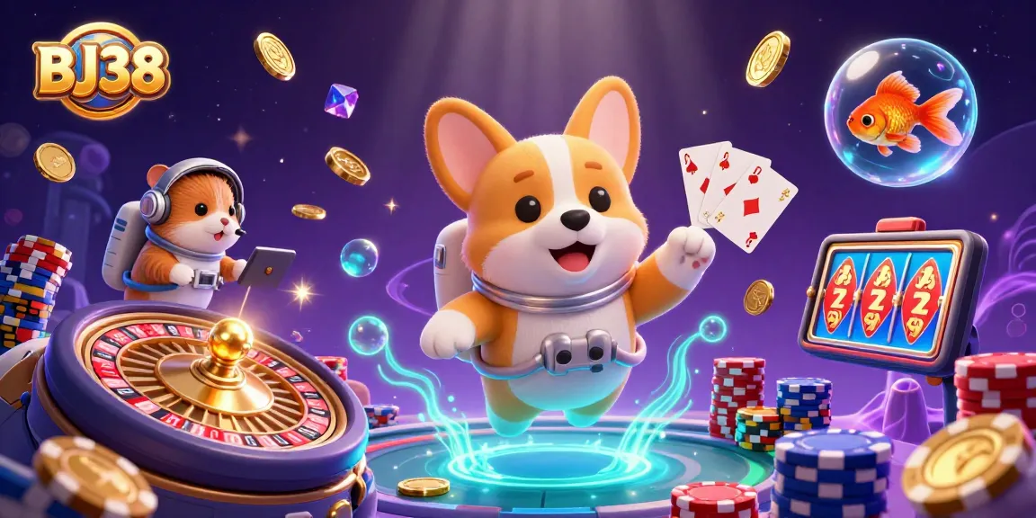 Engage with BJ38 in a vibrant casino cosmos featuring a corgi astronaut and dynamic gaming elements.
