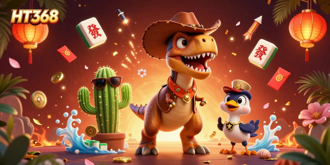 HT368 brings excitement with a T-Rex, cactus, and roadrunner in a vibrant casino scene.