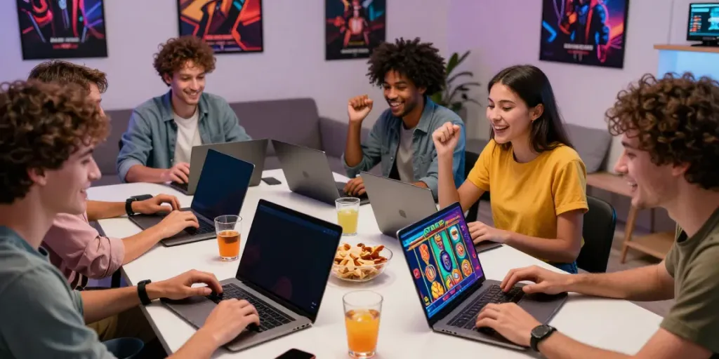 Suasana permainan judi slot online dengan teman-teman bermain bersama di ruang tamu modern.
