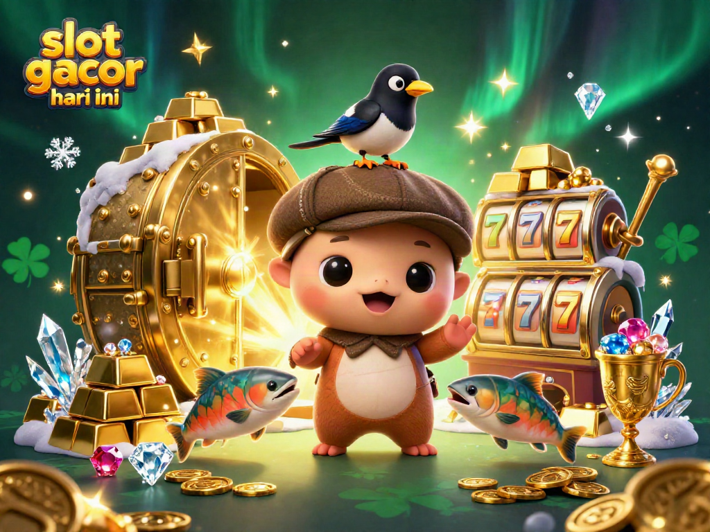 Win big with slot gacor hari ini as 3D cartoon characters celebrate in a vibrant, treasure-filled casino scene.