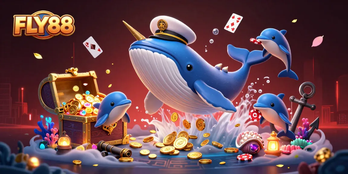 FLY88's playful dolphins perform tricks with poker chips amid a vibrant casino undersea scene.