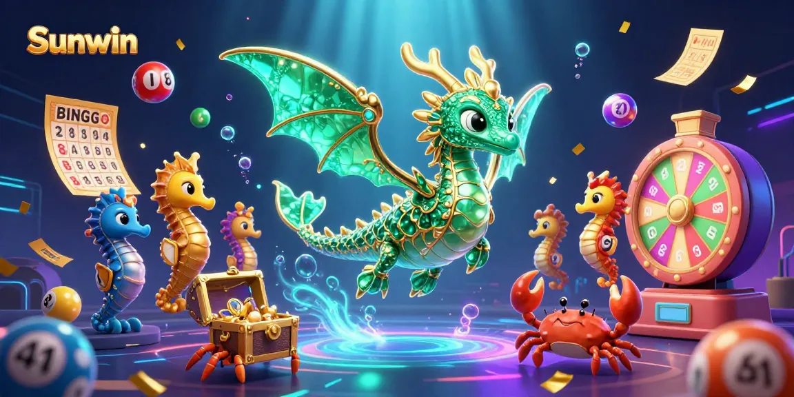 Experience Sunwin's thrilling gaming world with a vibrant 3D casino illustration showcasing action-packed lottery and prize elements.