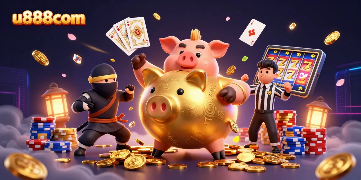 u888com showcases an exciting casino scene with a golden piggy bank wrestler and dynamic gaming elements.