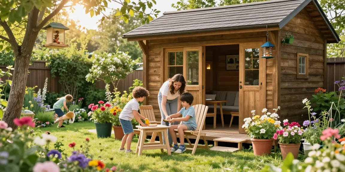 Wunderschönes Gartenhaus Holz mit einer Familie, die Möbel im Garten aufbaut und den sonnigen Tag genießt.