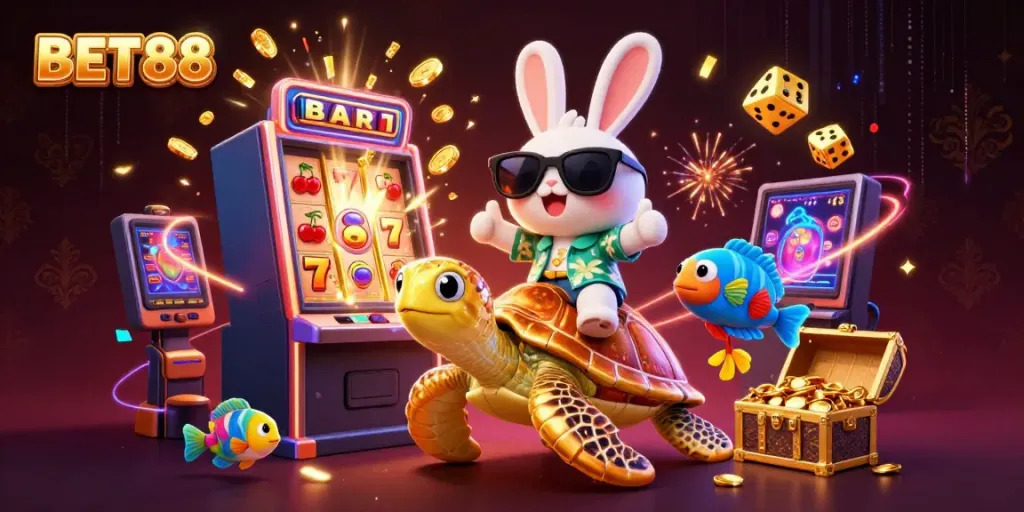 Celebrate winning moments at BET88 with a vibrant 3D illustration depicting a lucky rabbit and golden turtle in an exciting casino scene.